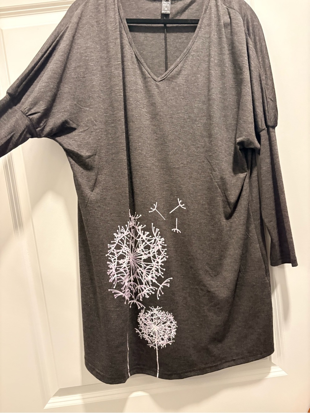Women's Charcoal Gray V-Neck Tunic with Dandelion Print